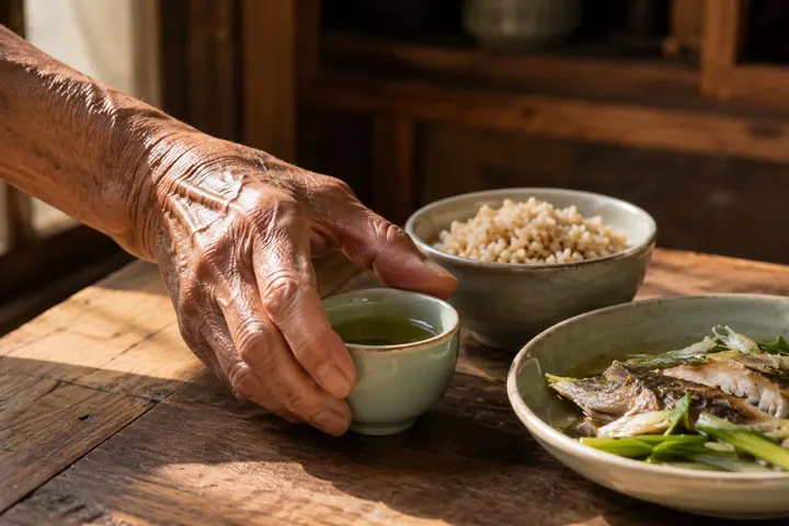 An elderly weathered hand reaching for a celadon teacup of green tea, beside a bowl of brown rice and steamed fish with greens