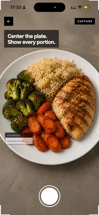The CalEye camera screen showing a plate of grilled chicken, rice, and vegetables with a Capture button