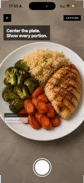 The CalEye camera centered on a plate of grilled chicken, brown rice, and roasted vegetables