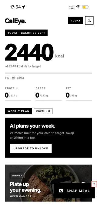 The CalEye home screen showing 2440 kcal calories remaining with protein, carbs, and fat targets